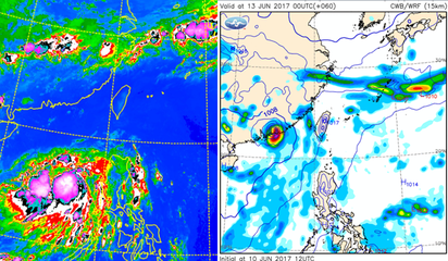 下波梅雨鋒影響7天 颱風生成就出梅?專家解答! | 左圖：今(11日)晨5時紅外線衛星雲圖顯示，南海有熱帶性低氣壓，緩慢發展中。 右圖：中央氣象局10日20時模式(WRF/15公里)模擬13日8時地面圖顯示，熱帶低壓(或輕颱)向北北西朝廣東一帶前進。