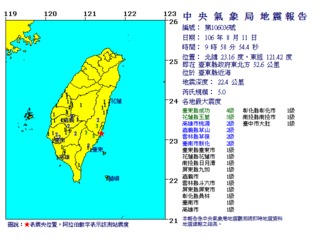 09:58台東近海5.0地震 成功4級、玉里3級