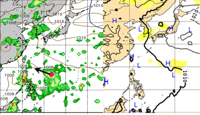 下週有"熱帶擾動" 吳德榮:若成颱風易到台灣附近 | 圖：最新(15日20時)模式模擬，21日20時美國模式(GFS)則已有颱風生成(左圖)並向台灣南端前進(黑箭頭)。歐洲模式(ECMWF)模擬，則在菲律賓東方海面有兩個較弱的低壓(L)，尚無明顯發展(右圖)。充分顯示熱帶擾動之強度、結構預報的不確定性，導引氣流則比較一致(向西北西)。