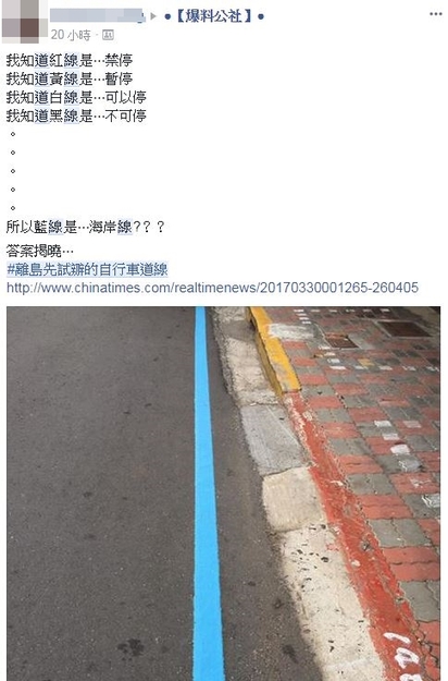 "藍色標線"通往海邊? 網友解惑是這用途 | 原PO分享「藍色標線」。