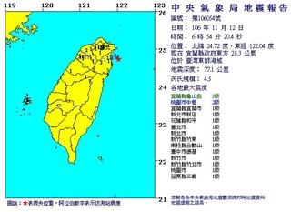 地震查詢 06:54宜蘭東部海域規模4.5地震 最大震度3級