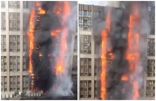 【影】鄭州20層辦公大樓全面燃燒 傷亡不明