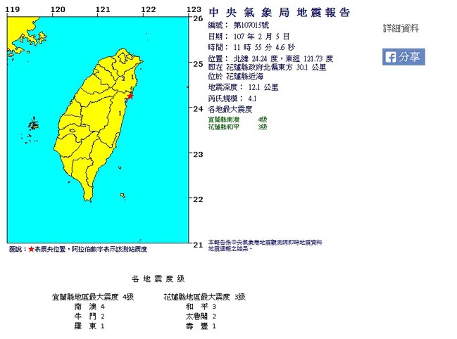 11:55花蓮規模4.1地震 最大震度南澳4級 | 華視新聞