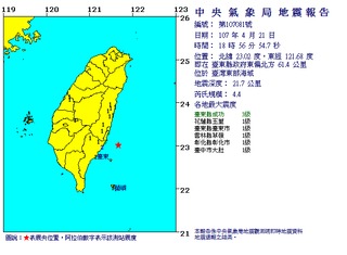18:56東部海域4.4地震 最大震度台東成功3級