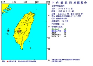 16:18嘉義規模3.6地震 最大震度雲林古坑4級