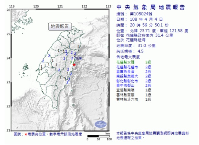 快訊/20:56花蓮近海發生規模4.5地震 | 華視新聞