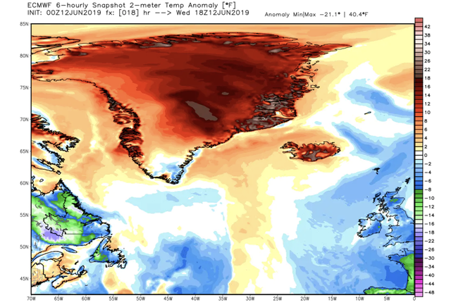 暖化危機！格陵蘭島20億噸冰一天融化 | 週三(6/12)格陵蘭島正常溫差的歐洲模型模擬。(翻攝自WeatherBell.com)