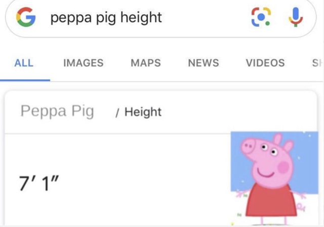 小孩幻想破滅! 佩佩豬真實身高曝光 | 有網友Google佩佩豬身高，驚呼她一點都不迷你。(翻攝推特)