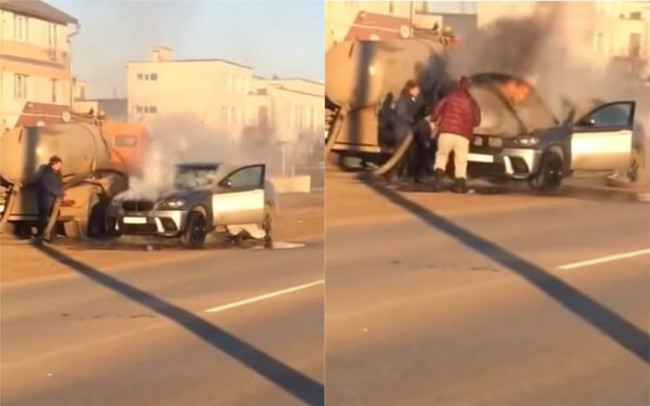 【影】慎入! BMW X6路邊起火 水肥車「灌救」滅火 | 華視新聞