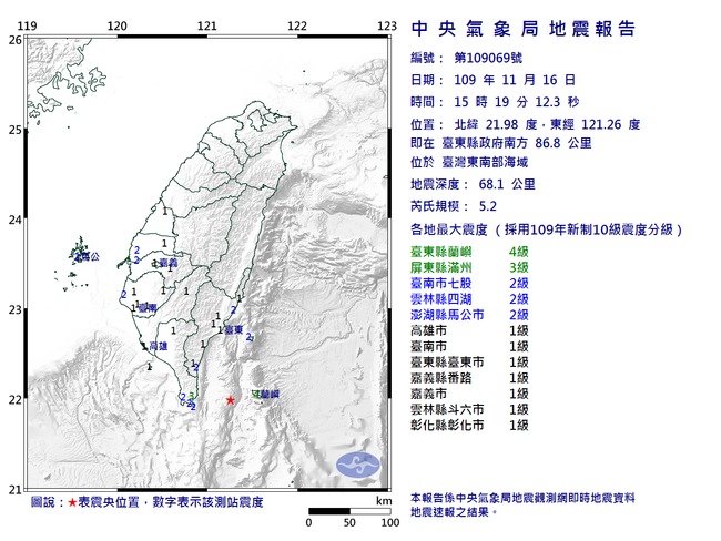 15：19東南海域5.2地震 最大震度蘭嶼4級 | 華視新聞