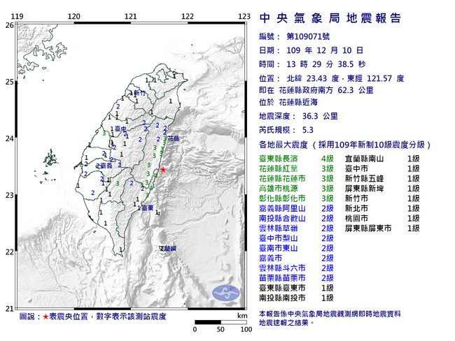 快訊》13：29花蓮近海5.3地震！最大震度台東4級 | 華視新聞
