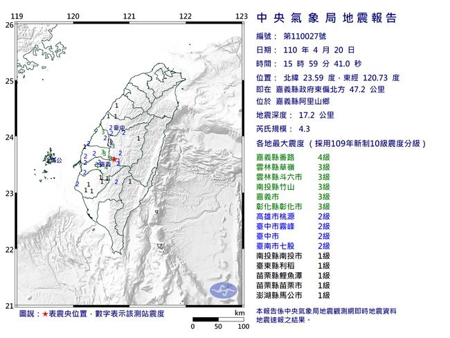 15:59嘉義阿里山鄉4.3地震 最大震度4級 | 華視新聞