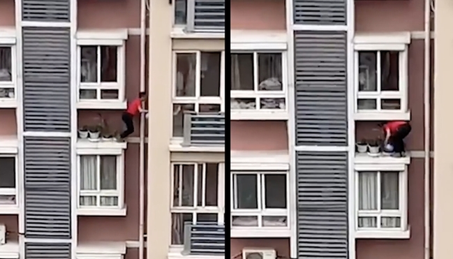 中國男徒手爬6樓高窗外 蹲「冷氣機平台」只為澆花 | 華視新聞