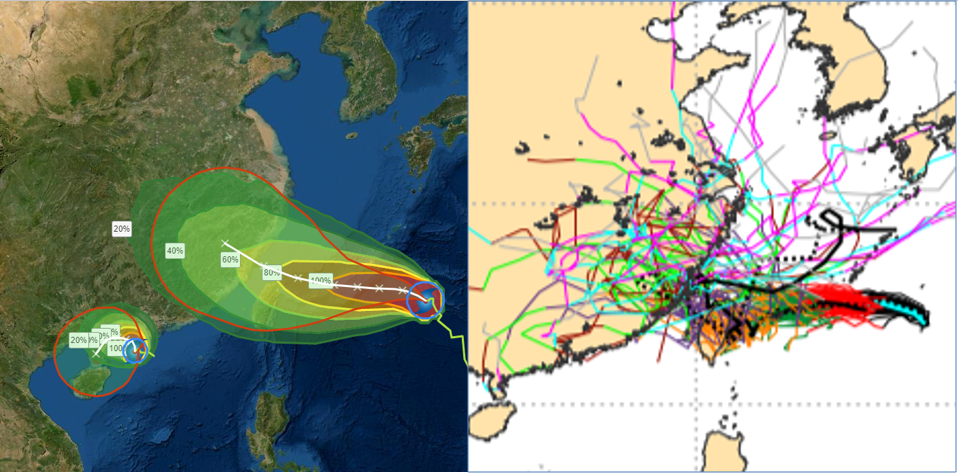「路徑潛勢預測」及「暴風侵襲機率」圖(左圖)顯示，「烟花」逐漸朝台灣逼近。最新歐洲模擬路徑(右圖)顯示，系集成員的分散度較之前明顯收斂，仍有一定的不確定性，但無法排除中心登陸的可能。（翻攝自「三立準氣象· 老大洩天機」專欄）