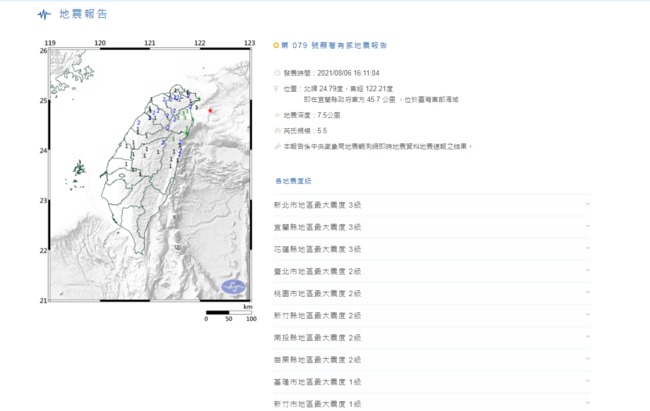 搖好大一下！台灣東部規模5.5地震 最大震度新北基宜花3級 | 華視新聞