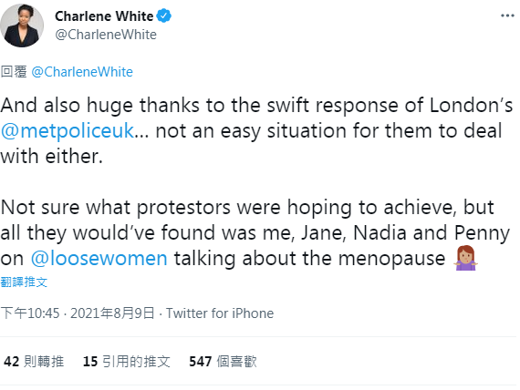 （「Loose Women」節目主持人懷特在推特上回應抗議事件。／翻攝自推特 @CharleneWhite。）