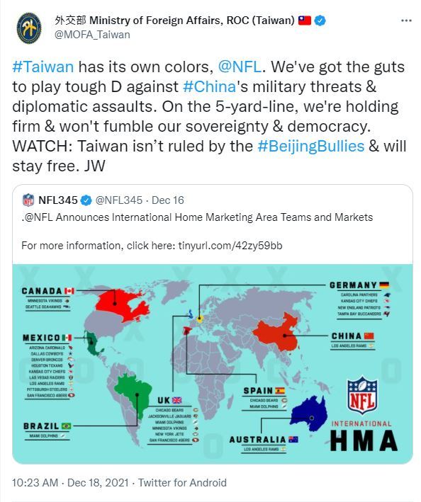 NFL地圖「把台灣列為中國」 外交部：台緊擁護主權和民主 | （翻攝自外交部推特）