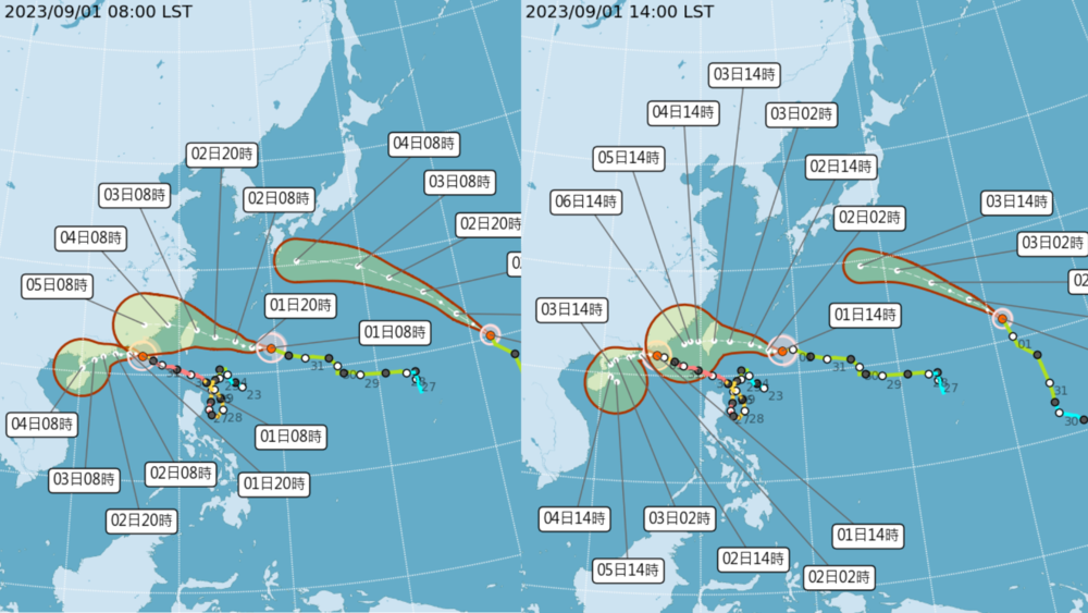 海葵路徑持續南修 / 圖片來源 中央氣象局（圖左為早上8點 圖右為下午2點）