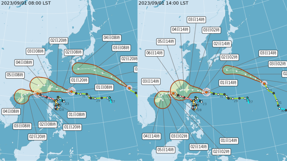 圖左為上午8點 圖右為下午2點 颱風預測路徑 / 圖翻攝自 氣象局