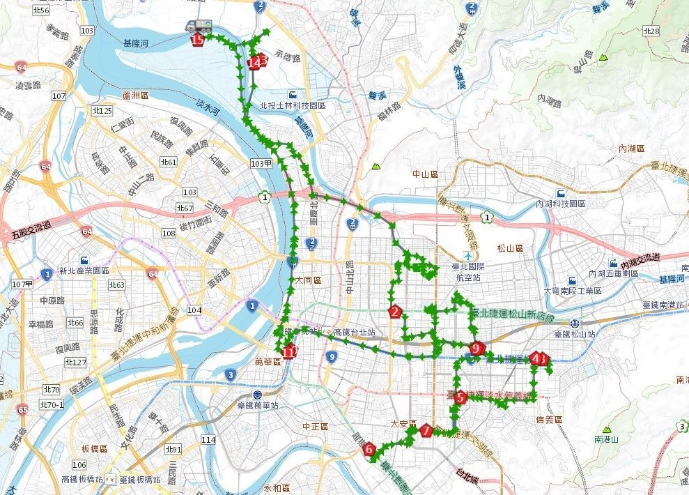 北市環保局追蹤GPS車輛軌跡。示意圖／非違規車輛軌跡／台北市環保局提供