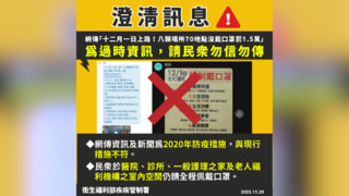 網傳「12月1日起強制戴口罩」　疾管署嚴正澄清：過時資訊 勿轉傳