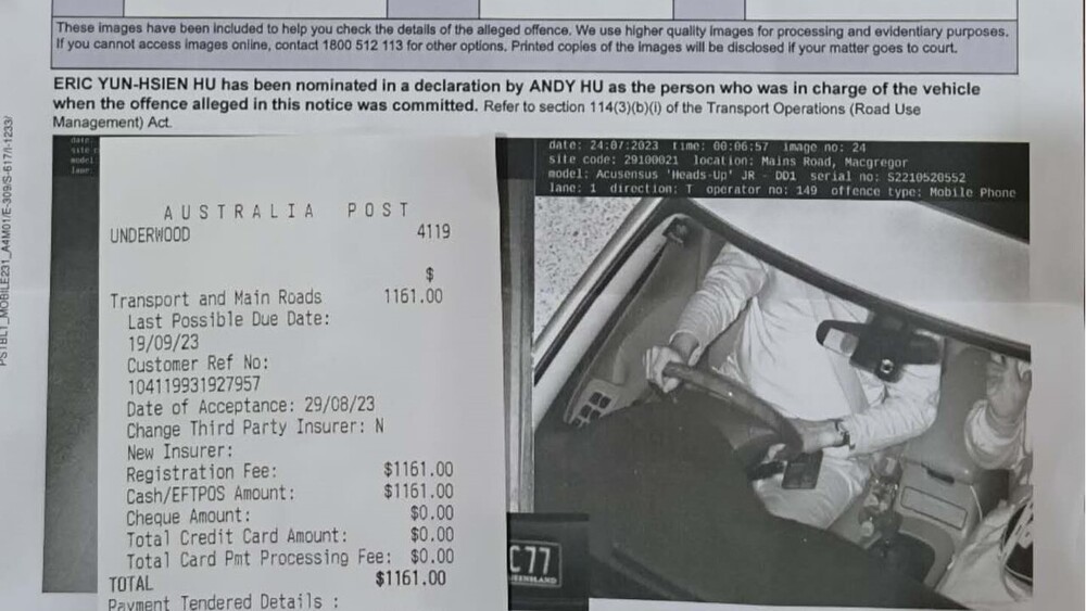 胡文英的二哥在澳洲開車時，將手機放在大腿上，被當地警方開罰。圖／翻攝自胡文英臉書