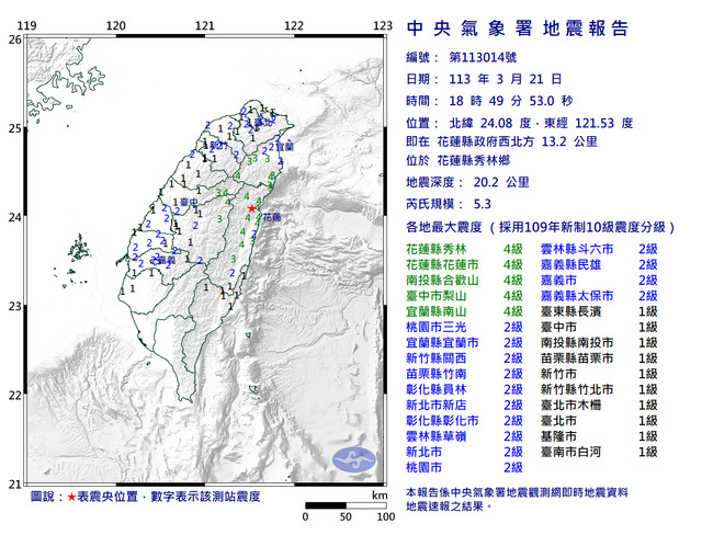 花蓮秀林18:49發生規模5.3地震　最大震度4級 | 華視新聞