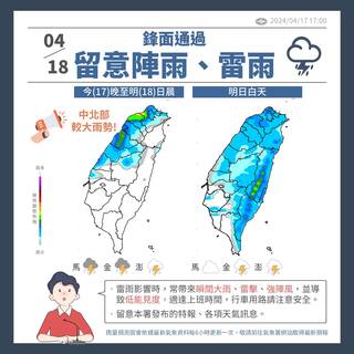 北部將變天！鋒面入夜接近　18日中部以北有較大雨勢
