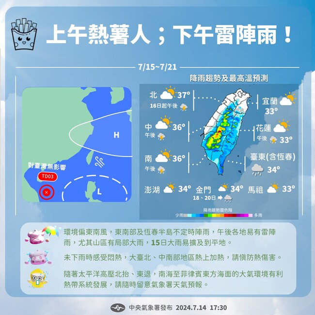 1圖看本週天氣！ 氣象署：還是又悶又熱、每天都有午後雷雨 | 華視新聞