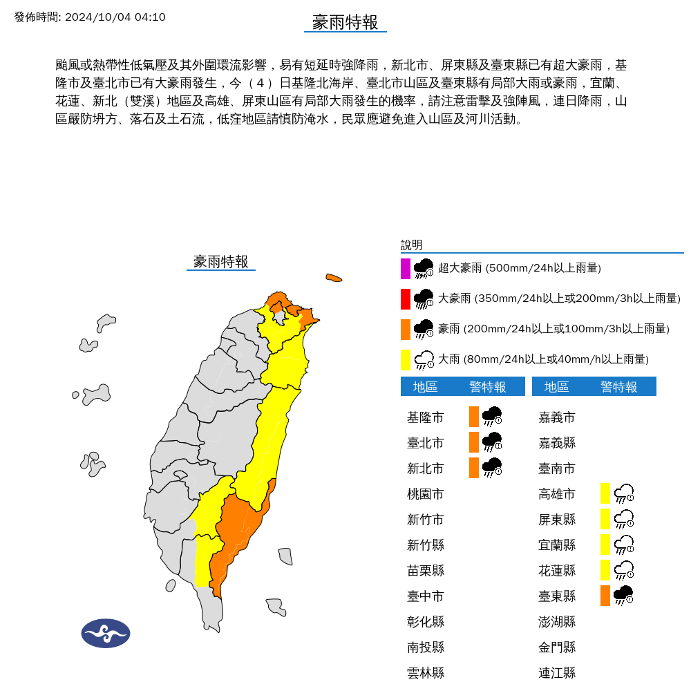 海陸警解除！「山陀兒」減弱為熱帶低壓　8縣市慎防大雨 | 圖／中央氣象署