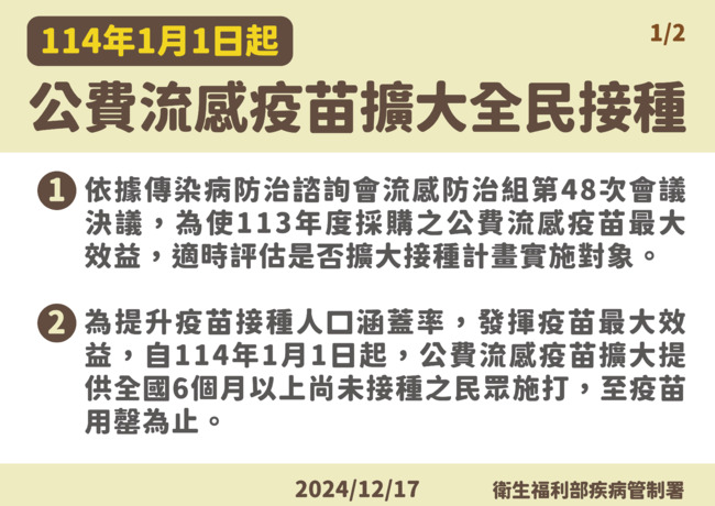 公費流感疫苗擴大全民接種　明年元旦起開打至疫苗用罄 | 華視新聞