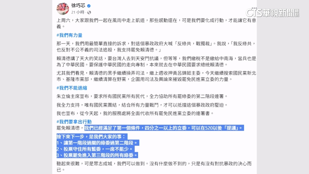 藍營「罷免總統」第一槍　徐巧芯：代收「罷綠連署」 | 