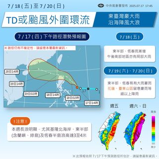 準颱風「薇帕」外圍環流影響　週五至週日東台灣防豪大雨
