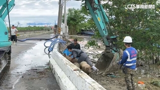 嘉義朴子養豬場慘淹　員工出動怪手搶救倖存豬隻