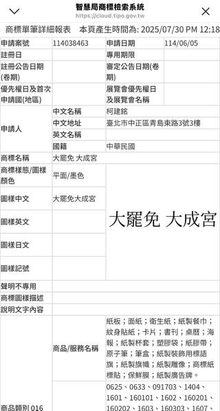 爆柯建銘註冊「大罷免大成宮」商標！　謝寒冰公開申請文件