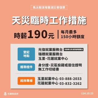 花蓮縣府徵「天災臨時工」　每月最高工時150小時.時薪190元　即日起開放報名