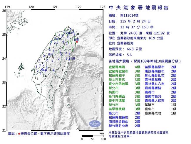 宜蘭近海規模5.6地震　最大震度4級 | 華視新聞